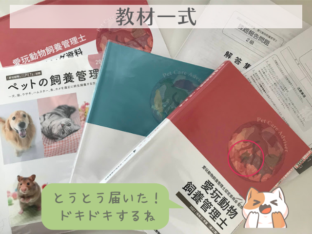 愛玩動物飼養管理士２級の教材一式の画像。愛玩動物飼養管理士 教本（１巻・２巻）
スクーリング資料
課題報告問題
副教材『ペットの飼養管理』※２級のみ
がある。